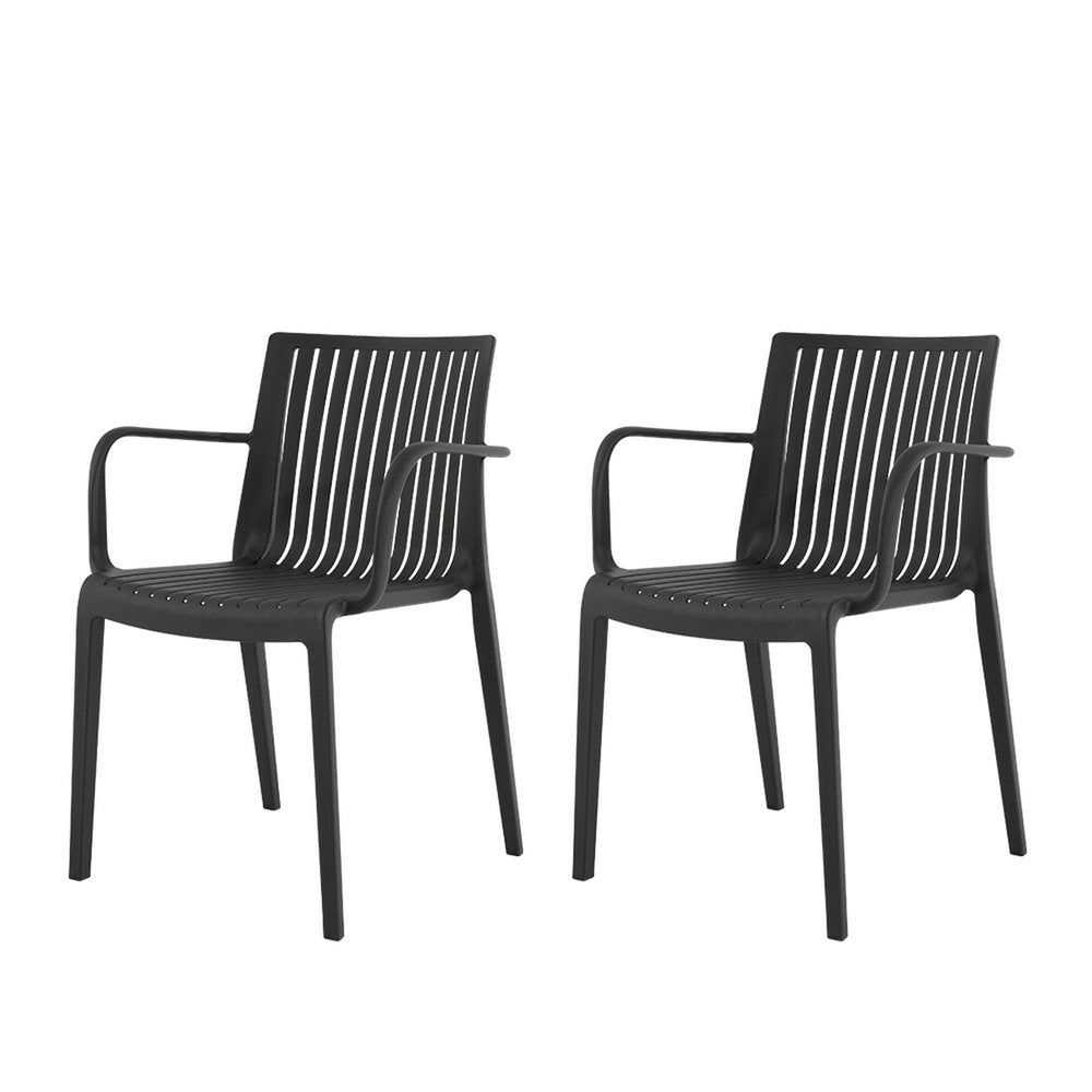 Set of Two Black Heavy Duty Plastic Outdoor Stacking Arm Chairs HomeRoots