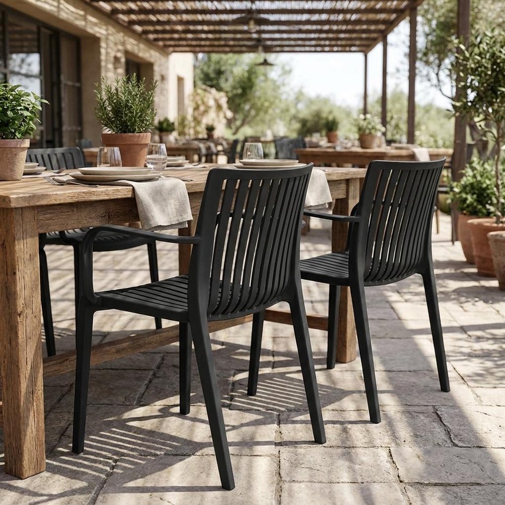 Set of Two Taupe Heavy Duty Plastic Outdoor Stacking Arm Chairs HomeRoots
