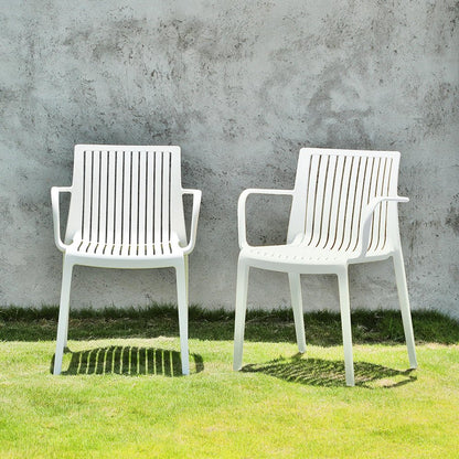 Set of Two White Heavy Duty Plastic Outdoor Stacking Arm Chairs HomeRoots