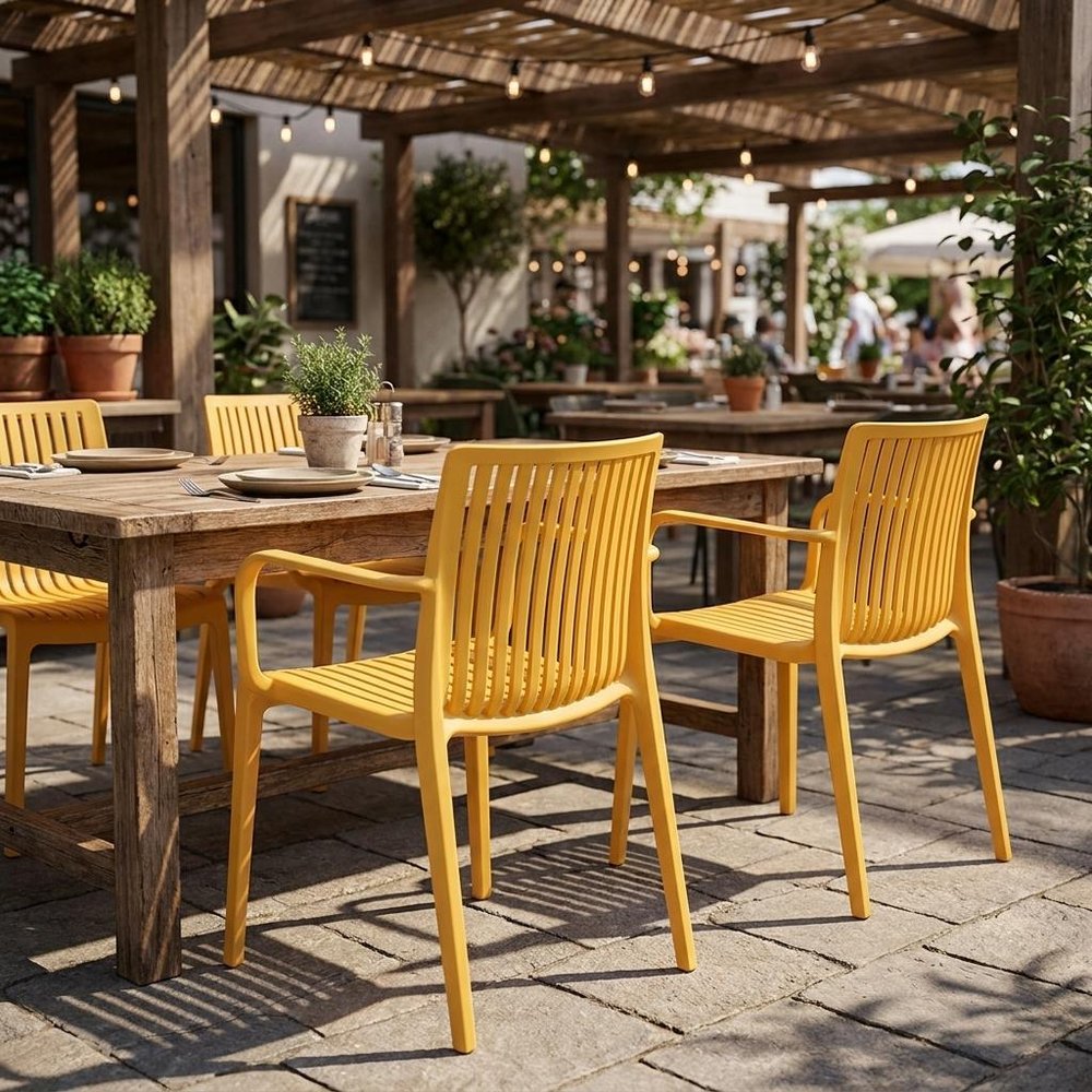 Set of Two Taupe Heavy Duty Plastic Outdoor Stacking Arm Chairs HomeRoots