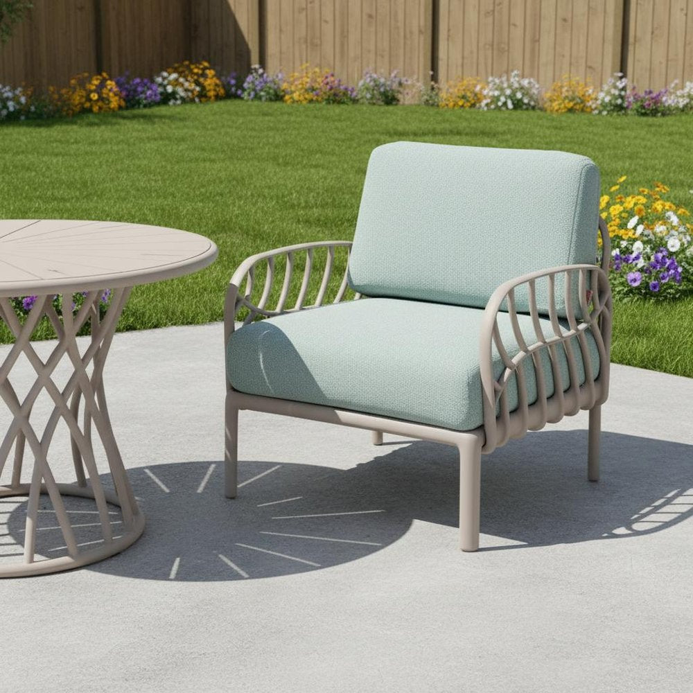 31" Gray Heavy Duty Plastic Outdoor Armchair With Sea Green Cushion HomeRoots