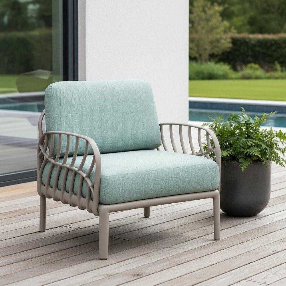 31" Gray Heavy Duty Plastic Outdoor Armchair With Sea Green Cushion HomeRoots
