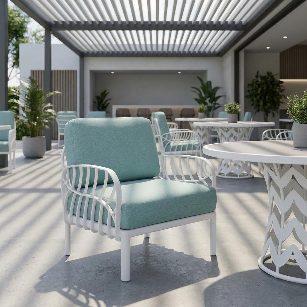 31" White Heavy Duty Plastic Outdoor Armchair With Sea Green Cushion HomeRoots