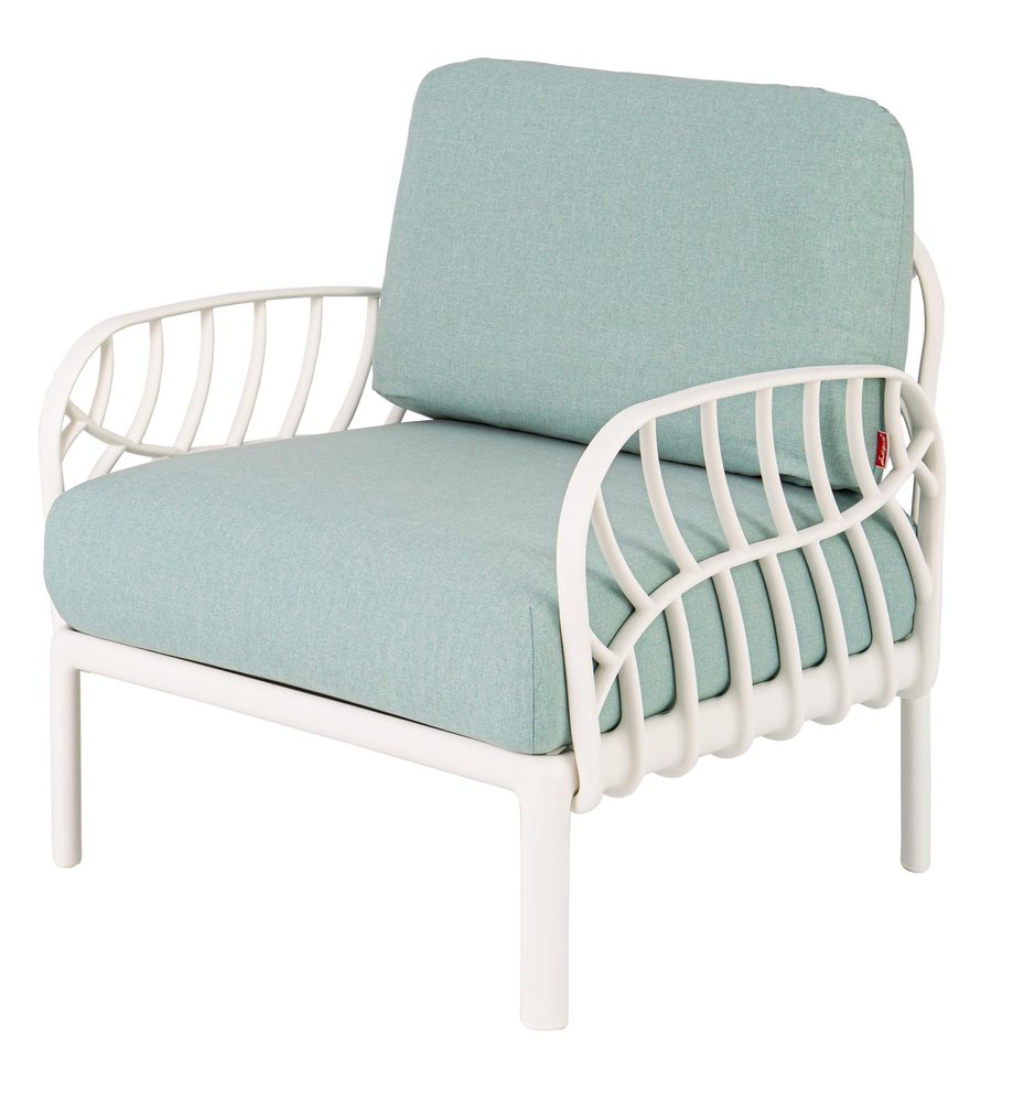 31" White Heavy Duty Plastic Outdoor Armchair With Sea Green Cushion HomeRoots
