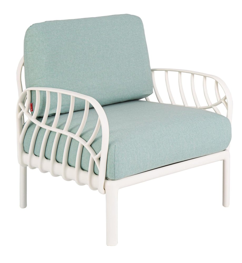 31" White Heavy Duty Plastic Outdoor Armchair With Sea Green Cushion HomeRoots