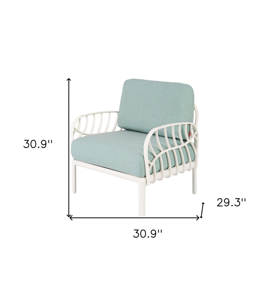 31" White Heavy Duty Plastic Outdoor Armchair With Sea Green Cushion HomeRoots