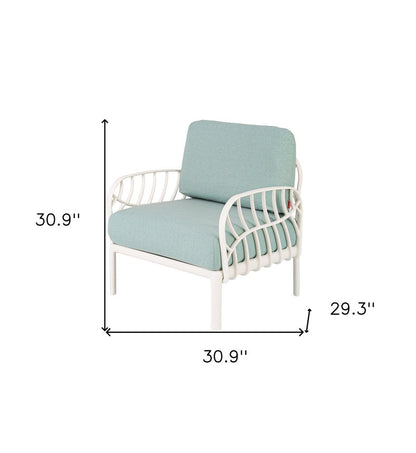 31" White Heavy Duty Plastic Outdoor Armchair With Sea Green Cushion HomeRoots