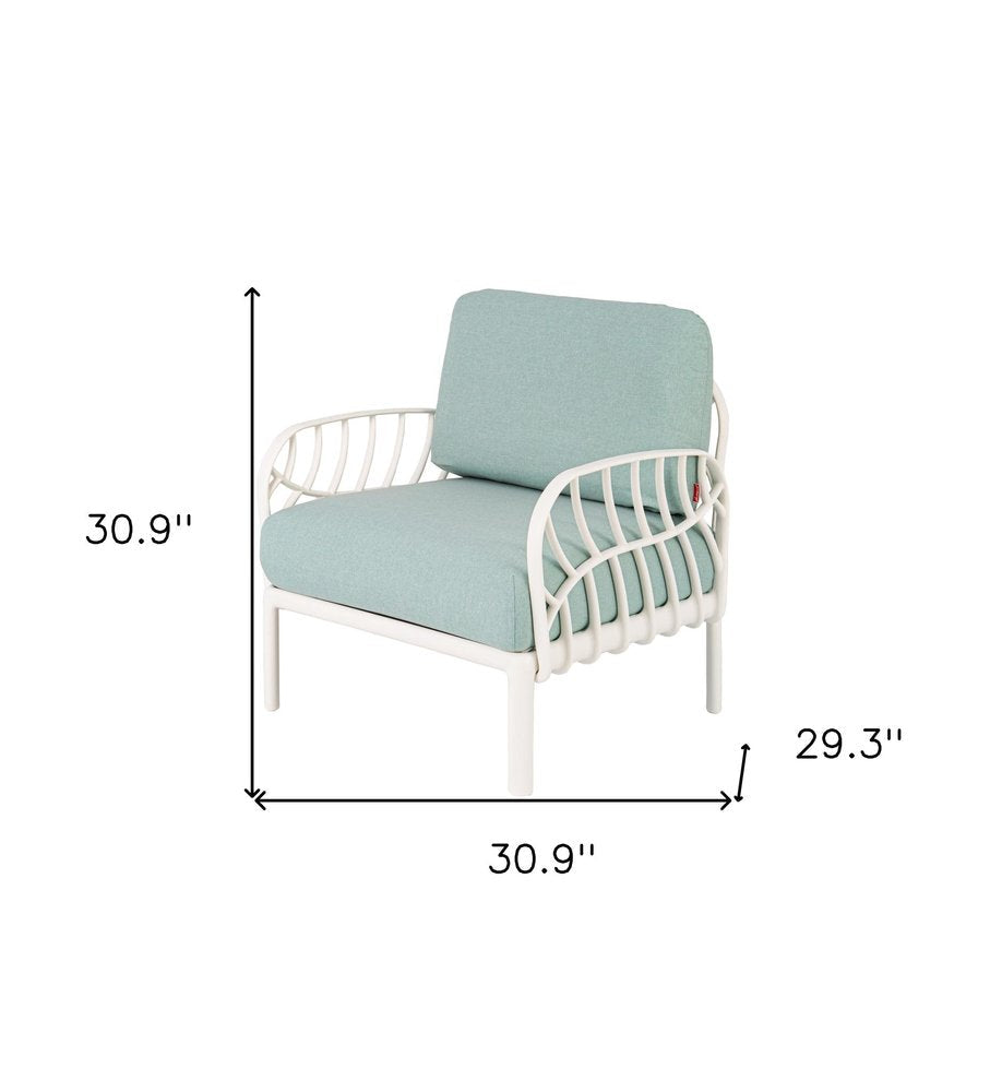 31" White Heavy Duty Plastic Outdoor Armchair With Sea Green Cushion HomeRoots