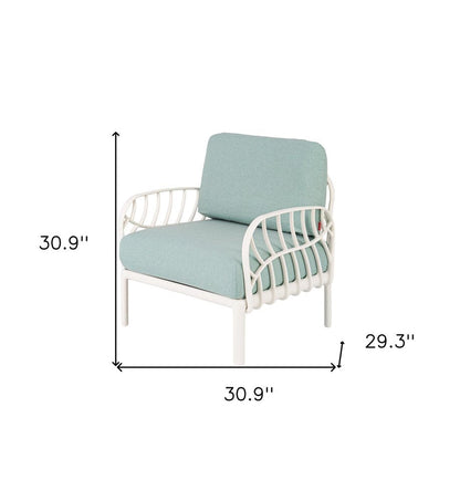 31" White Heavy Duty Plastic Outdoor Armchair With Sea Green Cushion HomeRoots