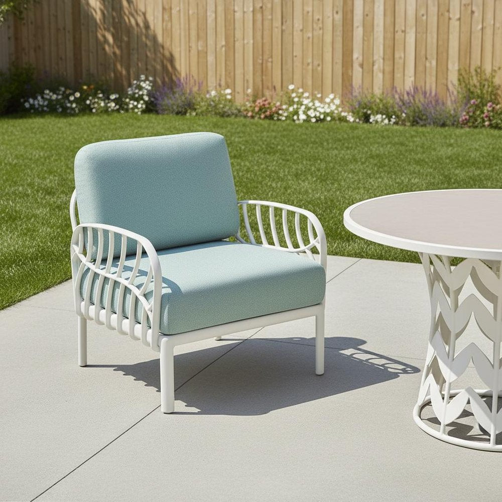 31" White Heavy Duty Plastic Outdoor Armchair With Sea Green Cushion HomeRoots