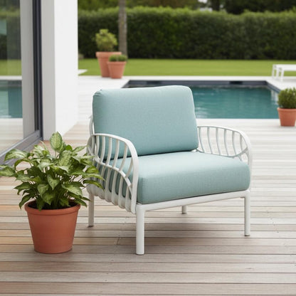 31" White Heavy Duty Plastic Outdoor Armchair With Sea Green Cushion HomeRoots