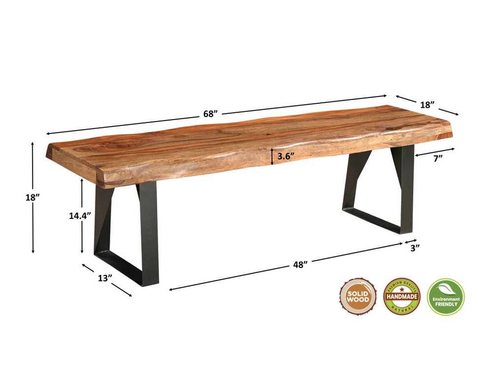 68" Brown and Black Solid Wood And Metal Live Edge Dining Bench HomeRoots