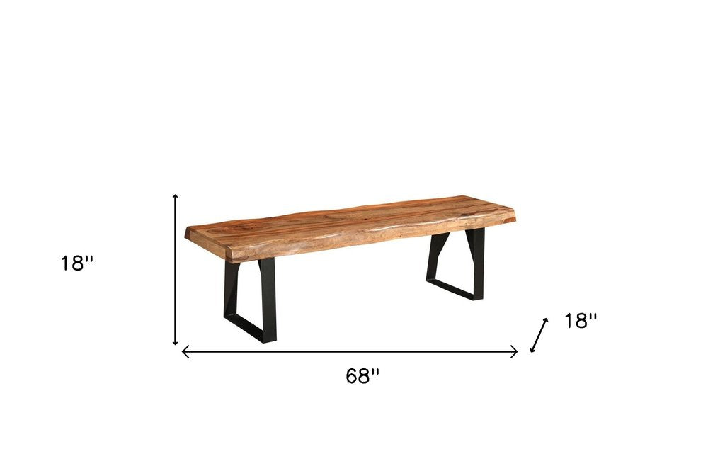 68" Brown and Black Solid Wood And Metal Live Edge Dining Bench HomeRoots