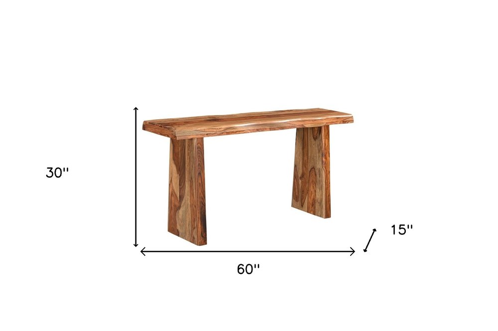 60" Brown Solid Wood Double Pedestal Live Edge Console Table HomeRoots