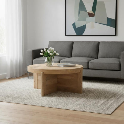 36" Natural Solid Wood Round Cross Legs Coffee Table HomeRoots