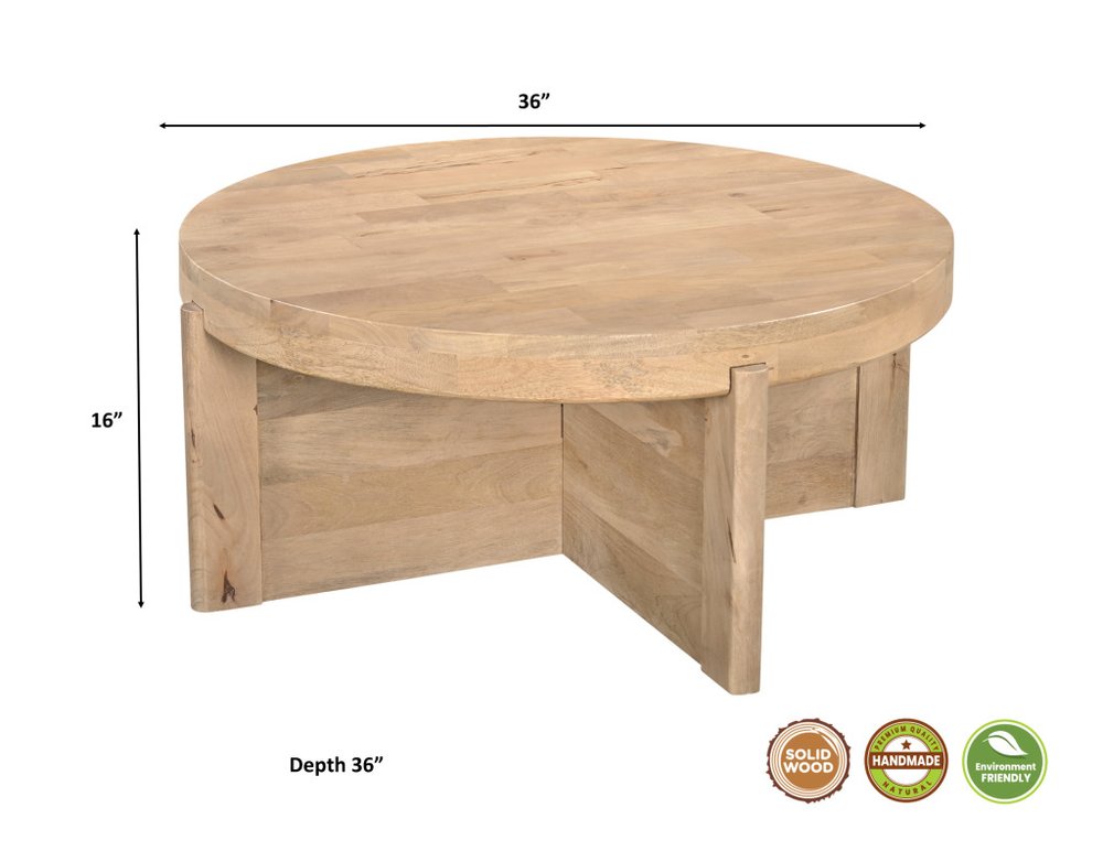 36" Natural Solid Wood Round Cross Legs Coffee Table HomeRoots