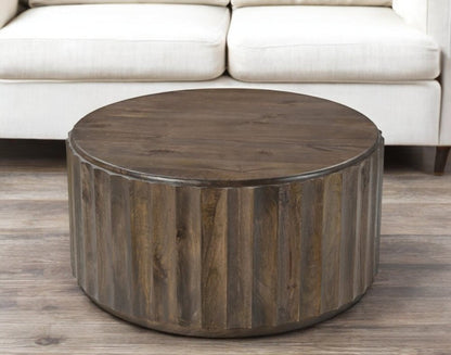 36" Brown Solid Wood Round Drum Coffee Table HomeRoots