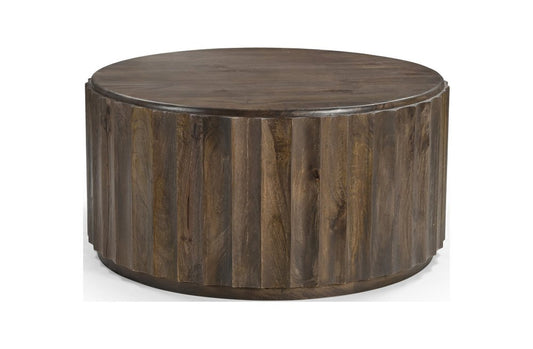 36" Dark Brown Solid Wood Round Drum Coffee Table