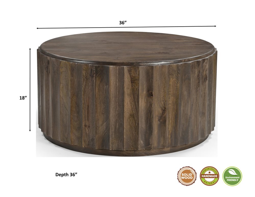 36" Brown Solid Wood Round Drum Coffee Table HomeRoots