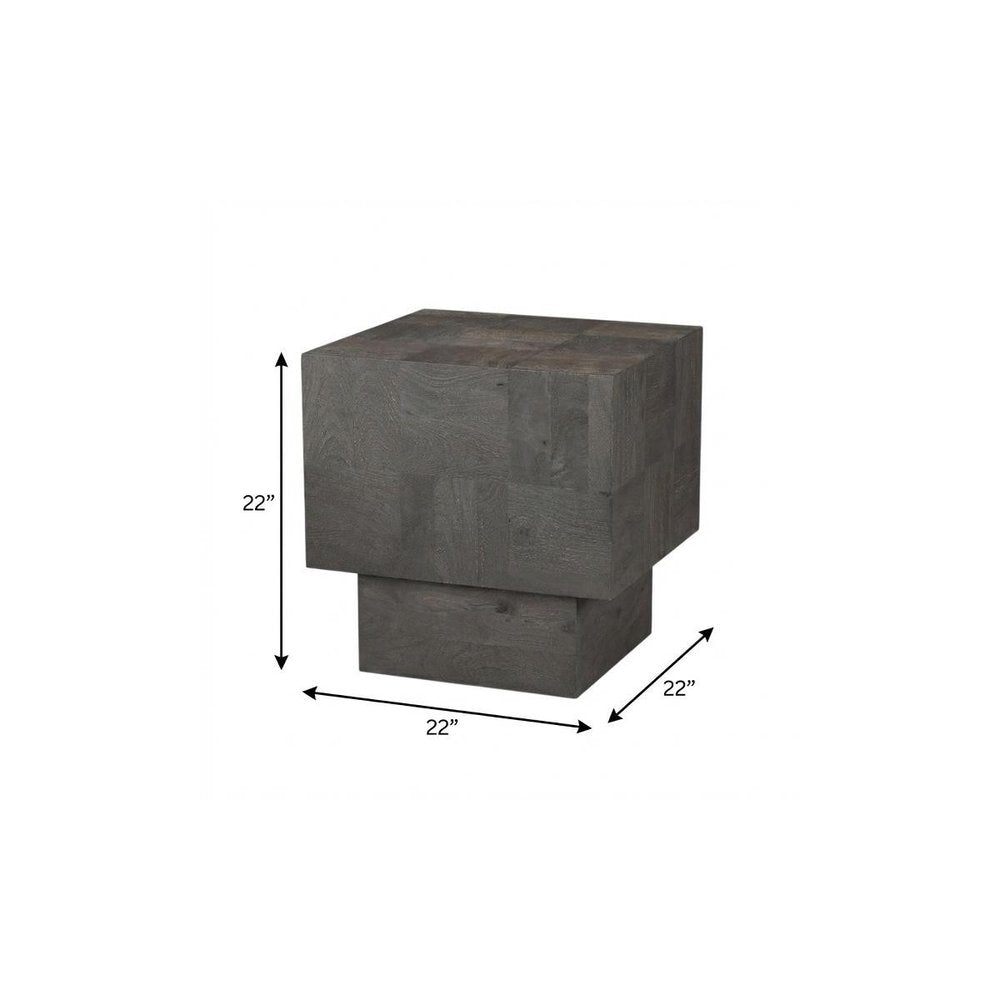 22" Gray Distressed Solid Wood Square Block End Table