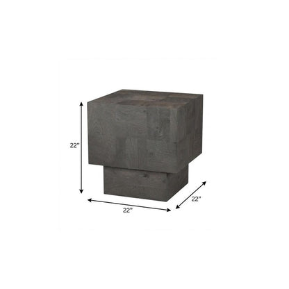 22" Gray Distressed Solid Wood Square Block End Table