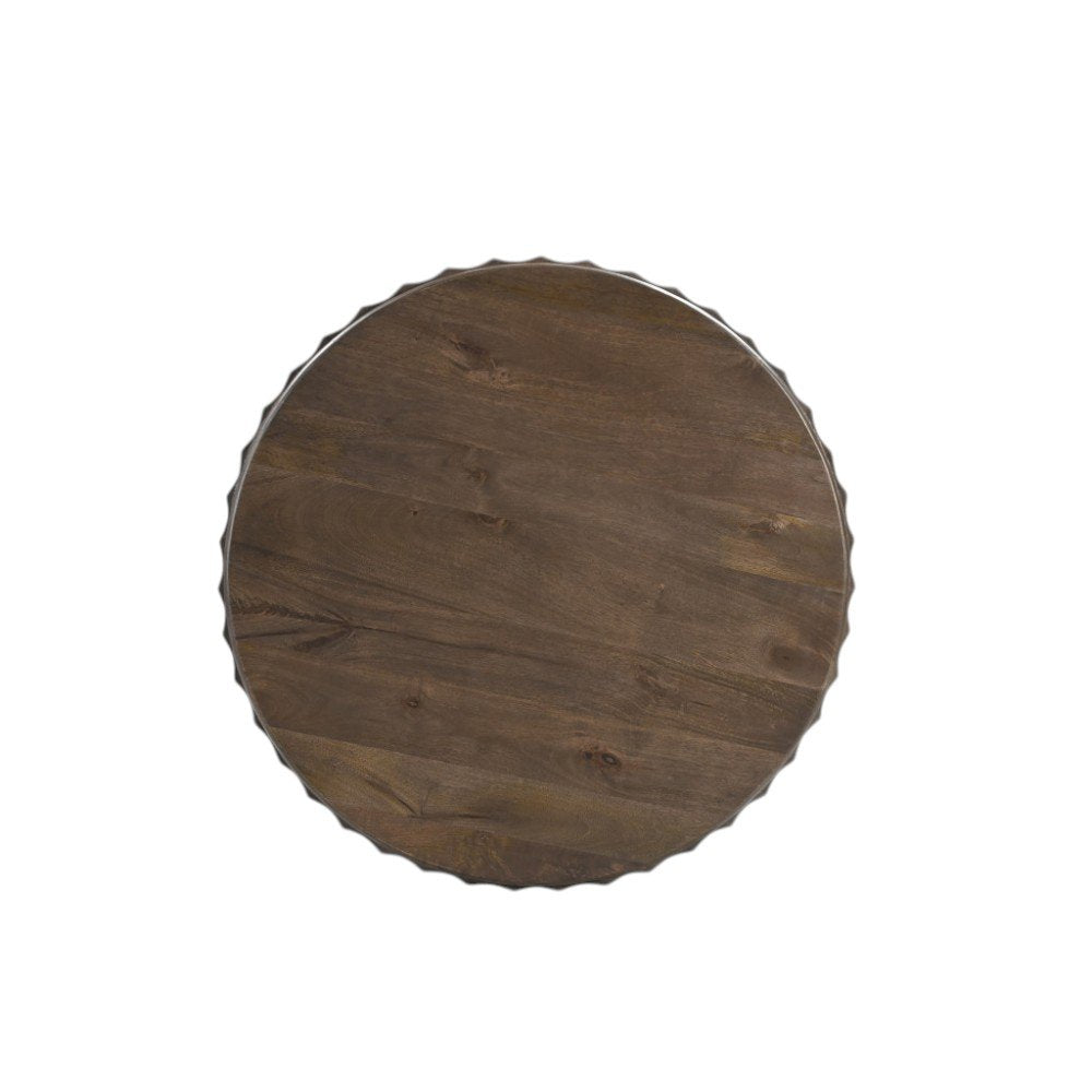 23" Brown Distressed Solid Wood Round Scalloped Drum End Table HomeRoots