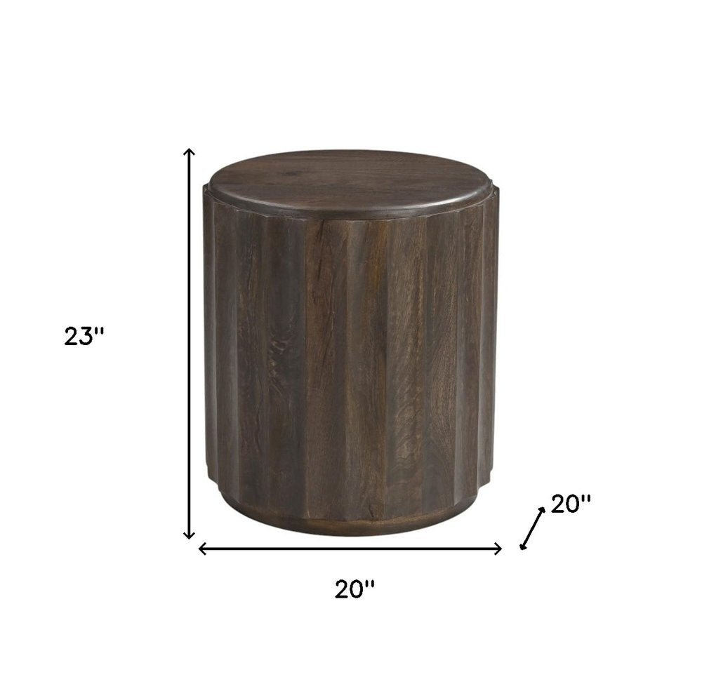 23" Brown Distressed Solid Wood Round Scalloped Drum End Table — view 6
