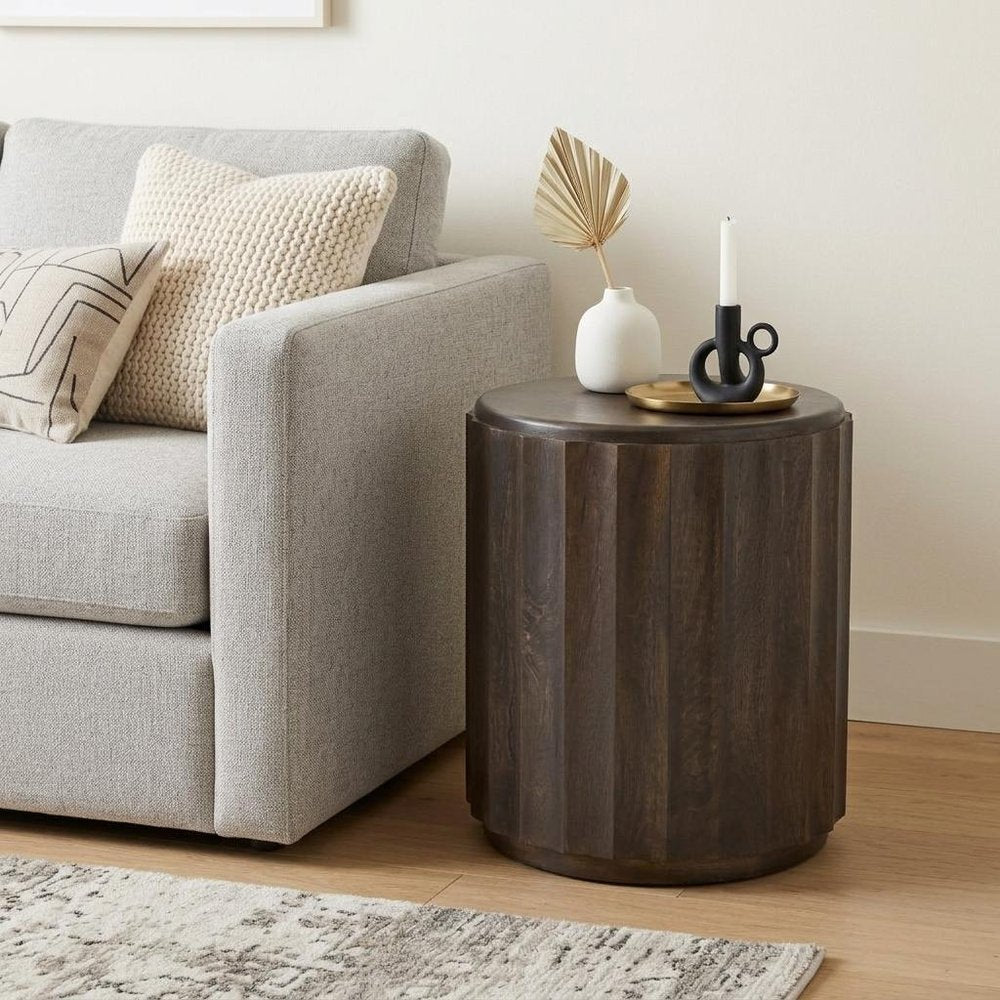 23" Brown Distressed Solid Wood Round Scalloped Drum End Table — view 1