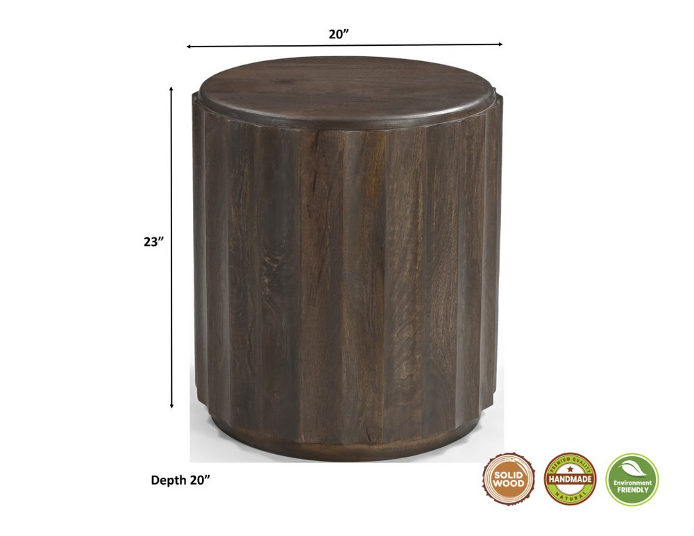 23" Brown Distressed Solid Wood Round Scalloped Drum End Table HomeRoots