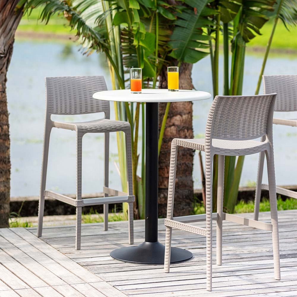 Set of Two 30" Taupe Faux Rattan Outdoor Bar Height Chairs HomeRoots