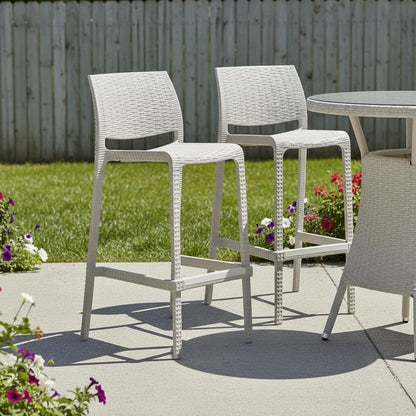 Set of Two 30" Taupe Faux Rattan Outdoor Bar Height Chairs HomeRoots