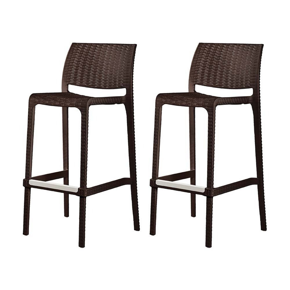 Set of Two 30" Brown Faux Rattan Low Back Outdoor Bar Height Chairs HomeRoots
