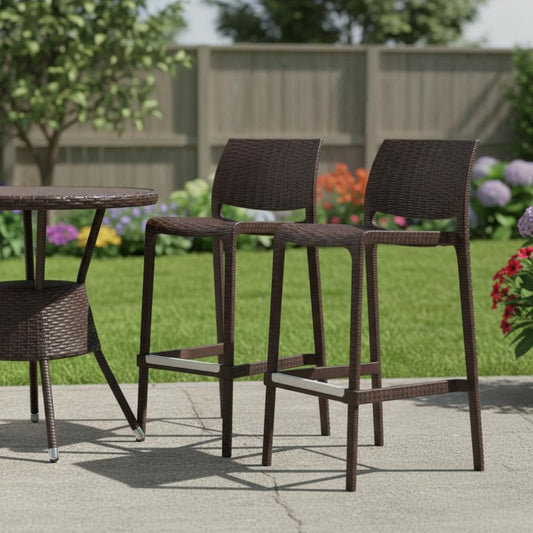 Set of Two 30" Brown Faux Rattan Heavy Duty Plastic Low Back Outdoor Bar Height Chairs HomeRoots