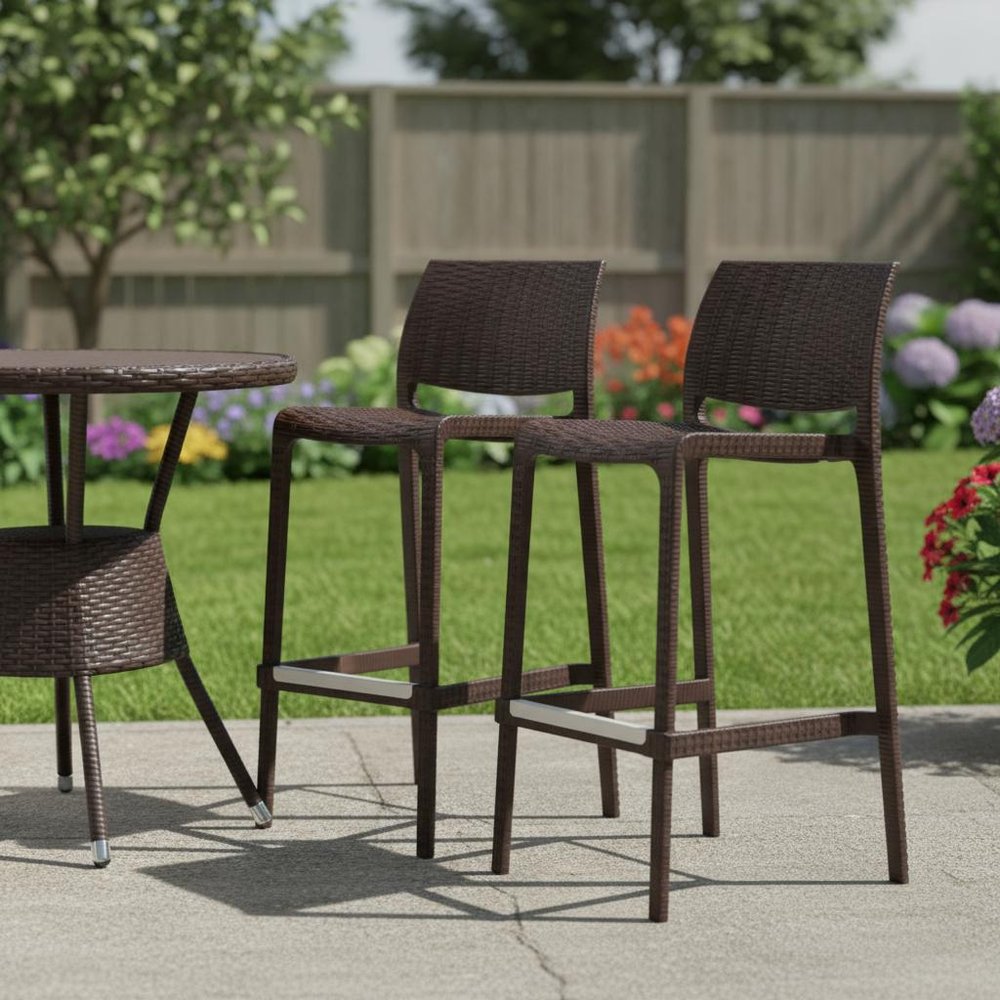 Set of Two 30" Brown Faux Rattan Low Back Outdoor Bar Height Chairs HomeRoots