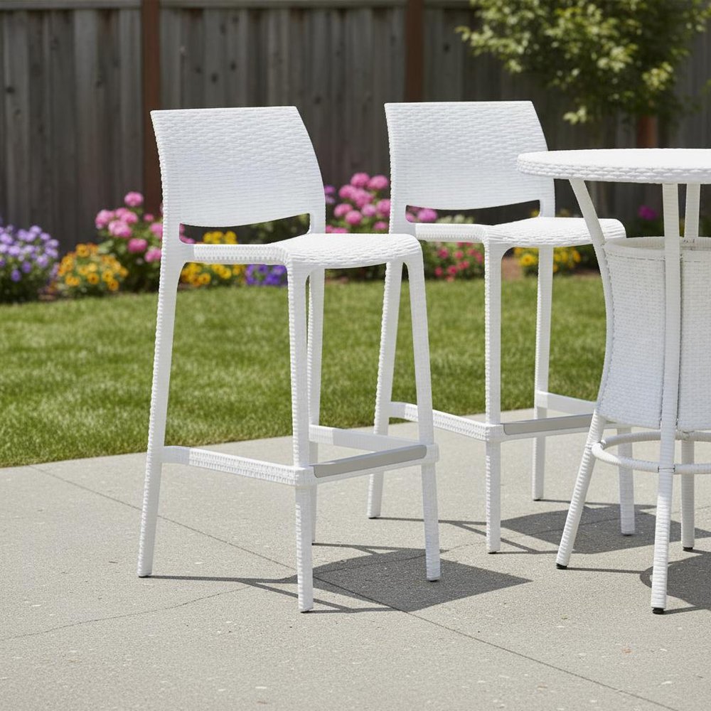Set of Two 30" White Faux Rattan Low Back Outdoor Bar Height Chairs HomeRoots