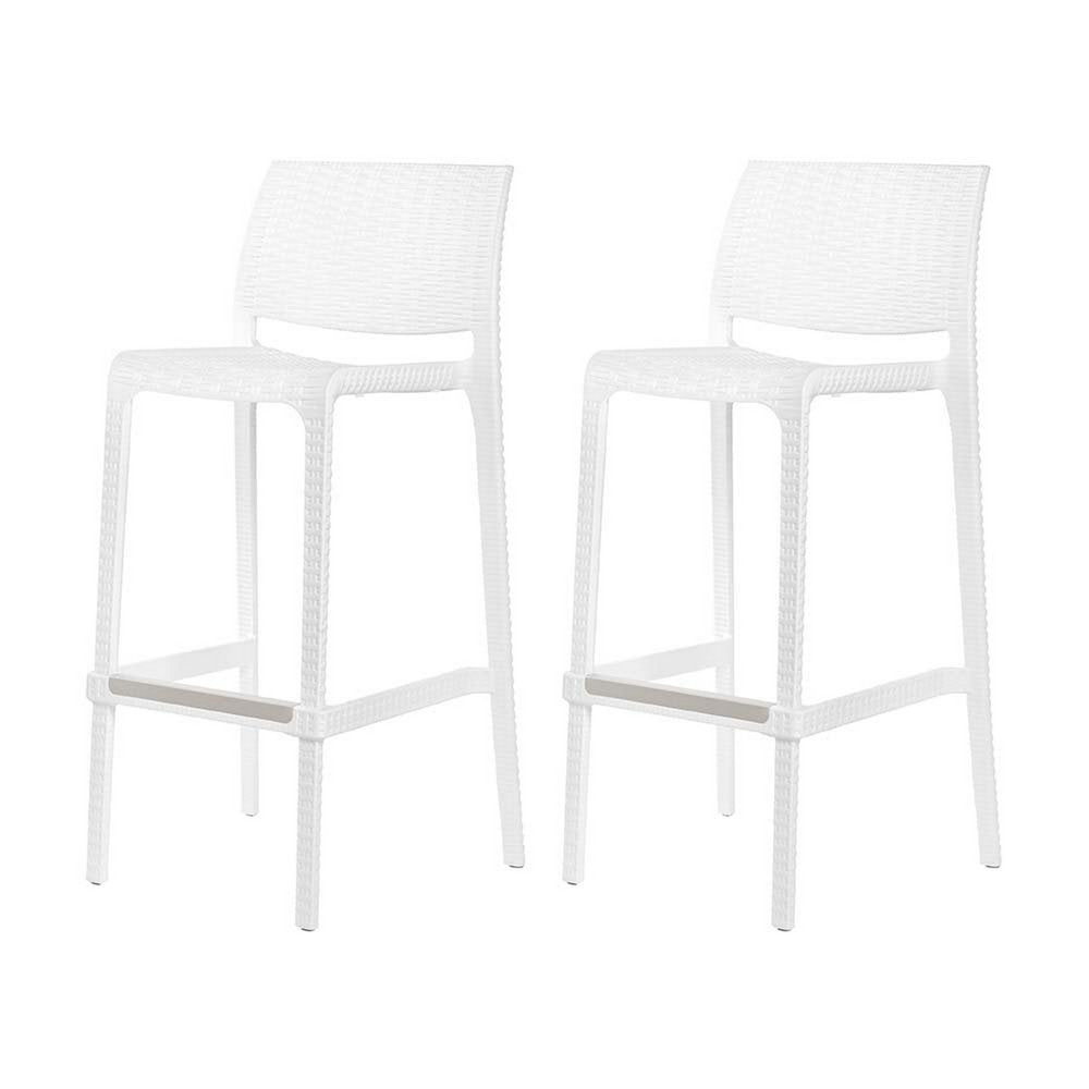 Set of Two 30" White Faux Rattan Low Back Outdoor Bar Height Chairs HomeRoots