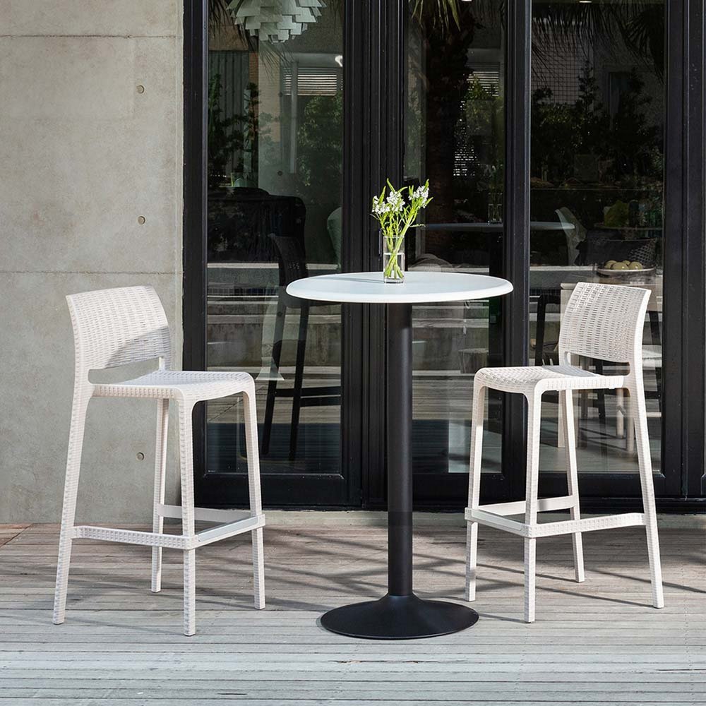 Set of Two 30" White Faux Rattan Low Back Outdoor Bar Height Chairs HomeRoots