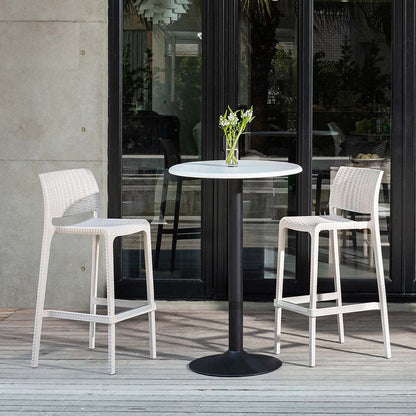 Set of Two 30" White Faux Rattan Low Back Outdoor Bar Height Chairs HomeRoots