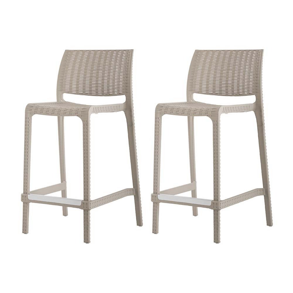 Set of Two 26" Taupe Faux Rattan Low Back Outdoor Counter Height Bar Chairs HomeRoots