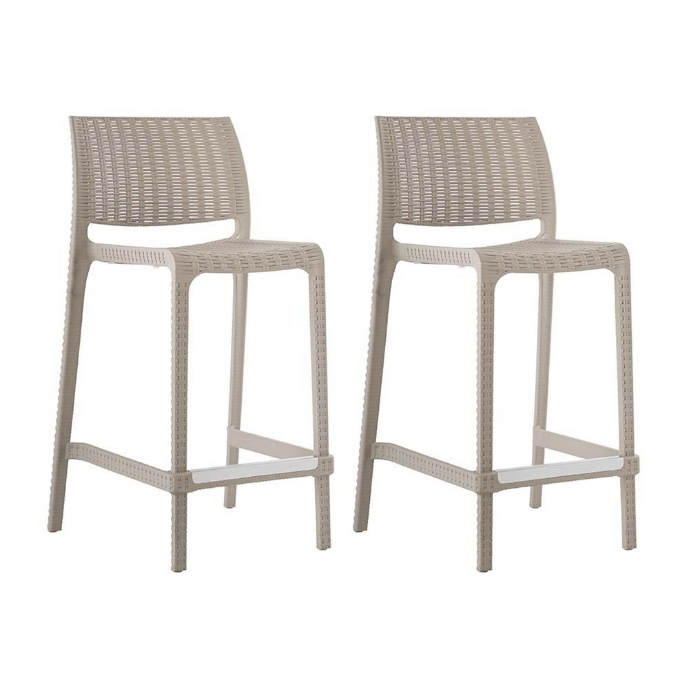 Set of Two 26" Taupe Faux Rattan Low Back Outdoor Counter Height Bar Chairs HomeRoots