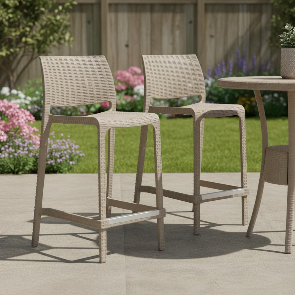 Set of Two 26" Taupe Faux Rattan Low Back Outdoor Counter Height Bar Chairs HomeRoots