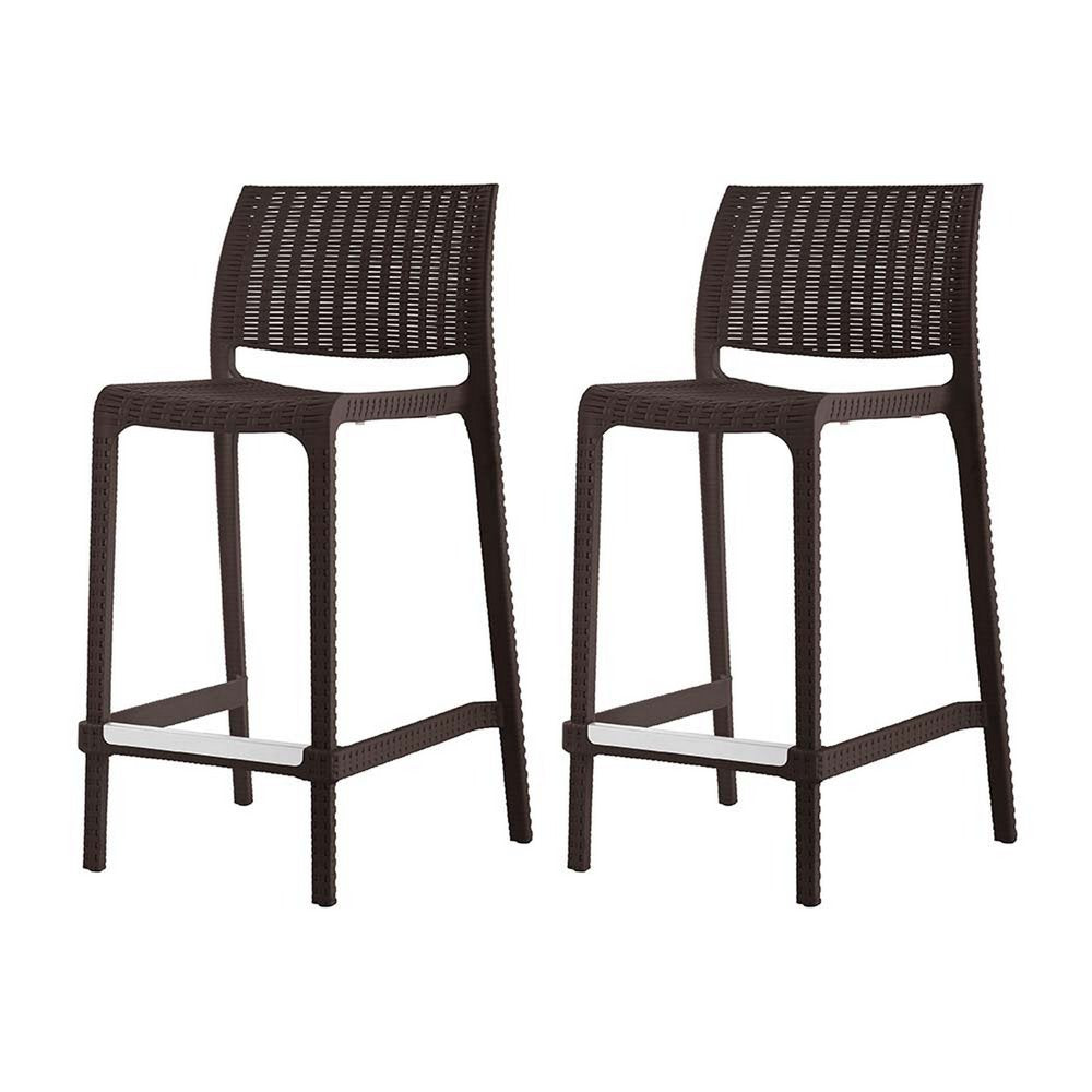 Set of Two 26" Brown Faux Rattan Low Back Outdoor Counter Height Bar Chairs HomeRoots