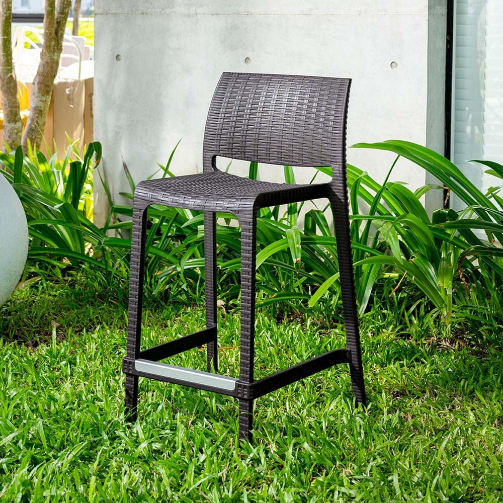Set of Two 26" Brown Faux Rattan Low Back Outdoor Counter Height Bar Chairs HomeRoots