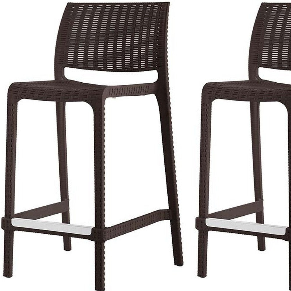 Set of Two 26" Brown Faux Rattan Low Back Outdoor Counter Height Bar Chairs HomeRoots