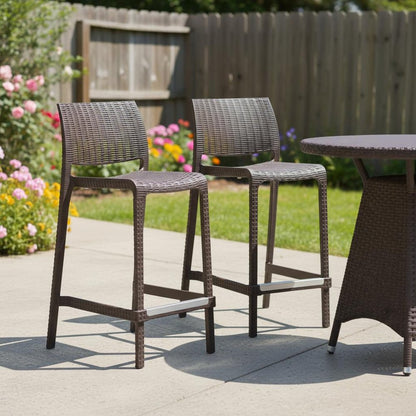 Set of Two 26" Brown Faux Rattan Low Back Outdoor Counter Height Bar Chairs HomeRoots
