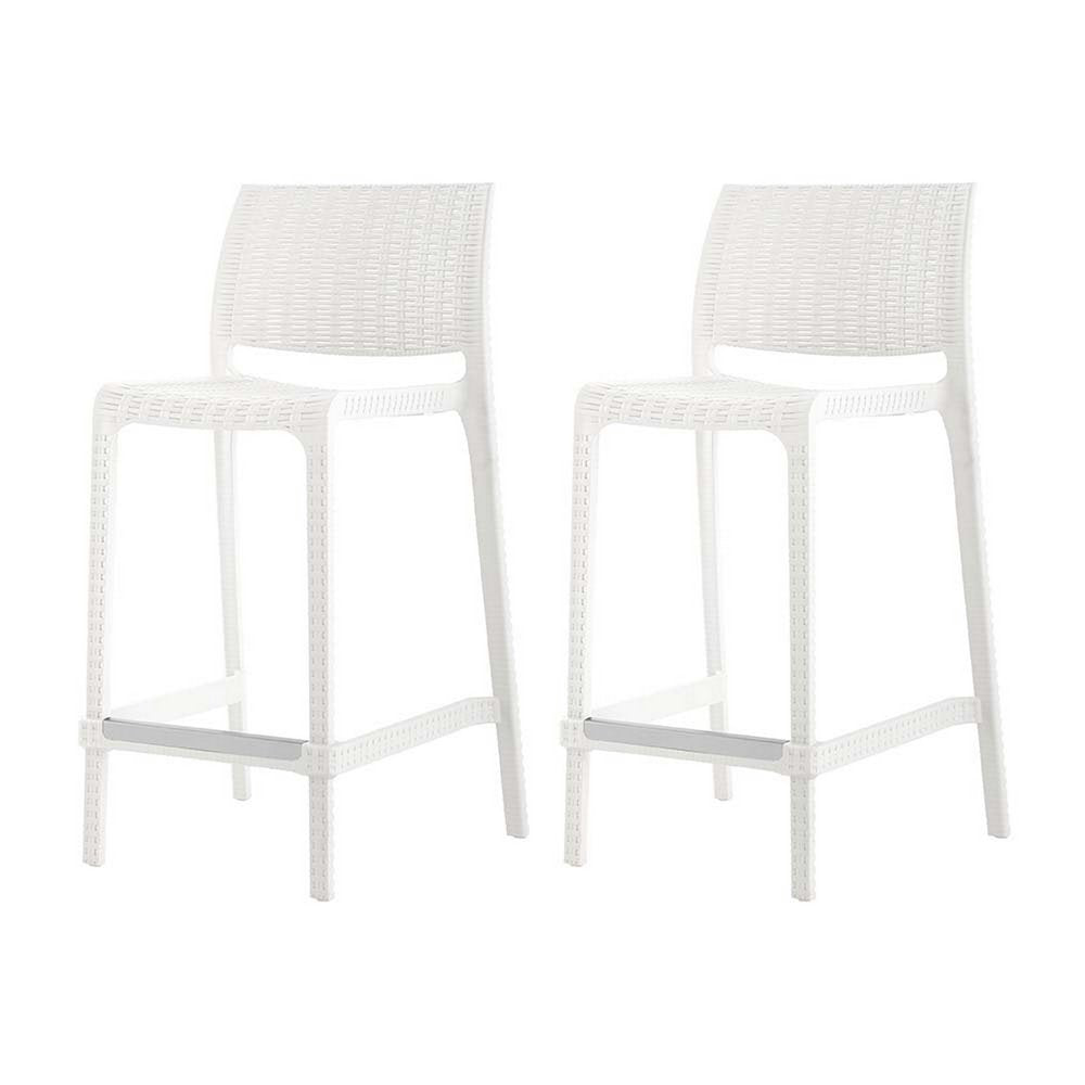 Set of Two 26" White Faux Rattan Low Back Outdoor Counter Height Bar Chairs HomeRoots