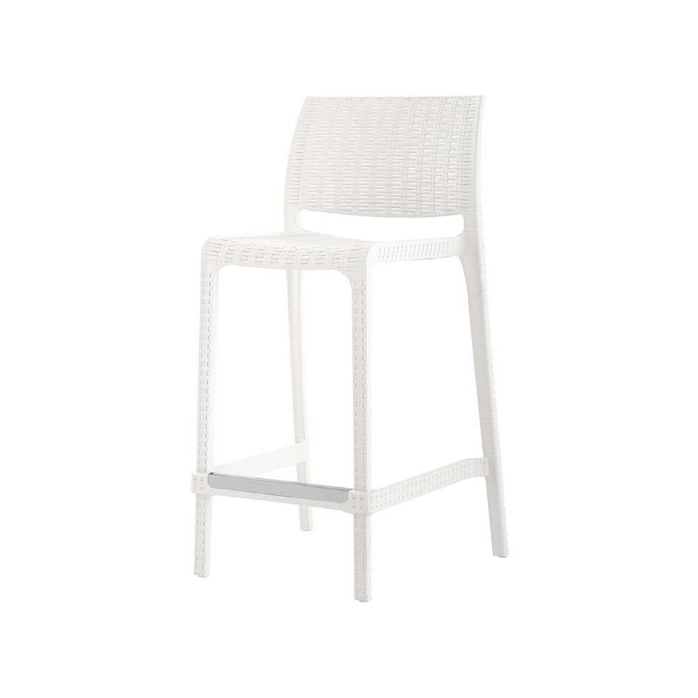 Set of Two 26" White Faux Rattan Low Back Outdoor Counter Height Bar Chairs HomeRoots