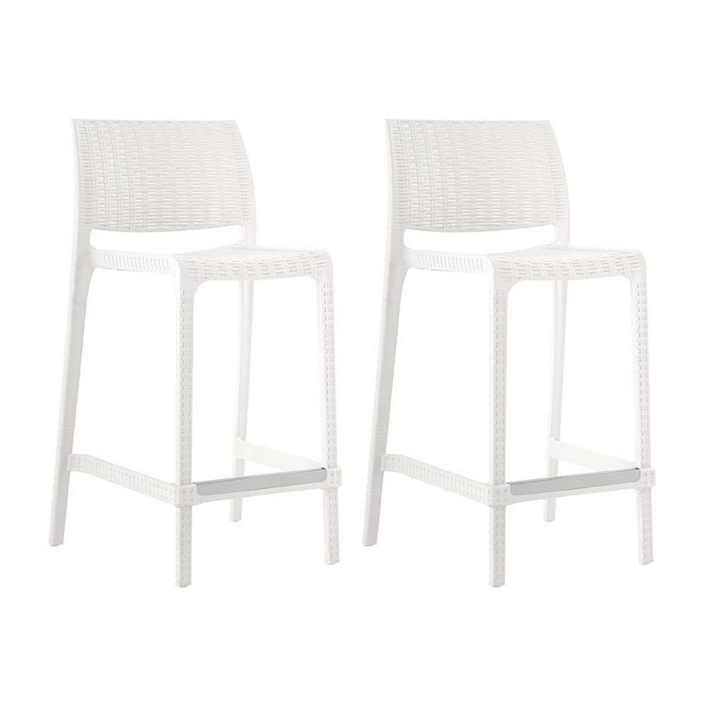 Set of Two 26" White Faux Rattan Low Back Outdoor Counter Height Bar Chairs HomeRoots