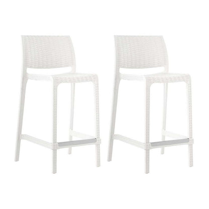 Set of Two 26" White Faux Rattan Low Back Outdoor Counter Height Bar Chairs HomeRoots