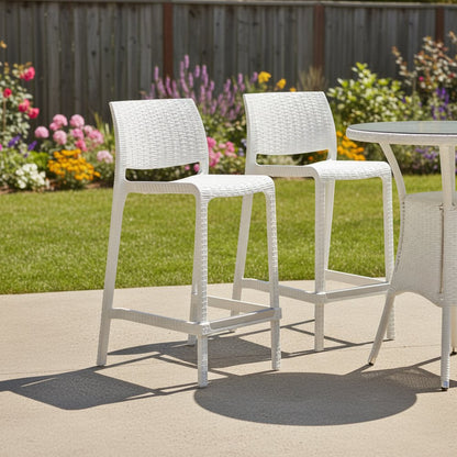 Set of Two 26" White Faux Rattan Low Back Outdoor Counter Height Bar Chairs HomeRoots